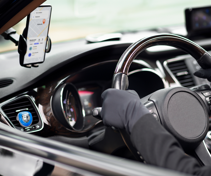 Car interior with navigation system and phone for taxi service