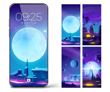 Set of illustrations with night landscape and moon on phone screens
